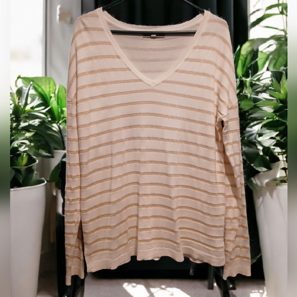 Marled White Gold Metallic Stripe Long Sleeve Vneck Tshirt Womans Medium